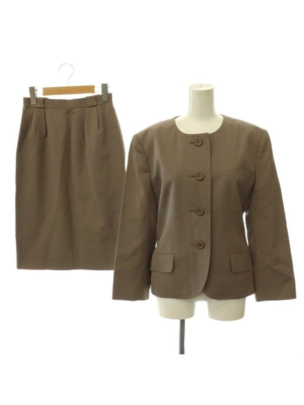 Dior Set Suit Collarless Jacket Pencil Skirt Wool 9 Mochabeige